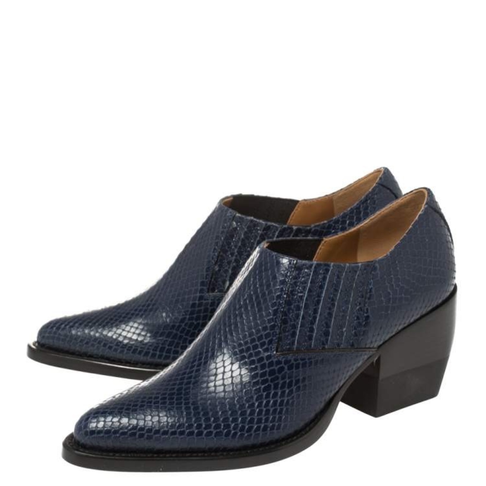 Chloé Blue Snake Embossed Leather Block Heel Ankle Booties size 38 US8